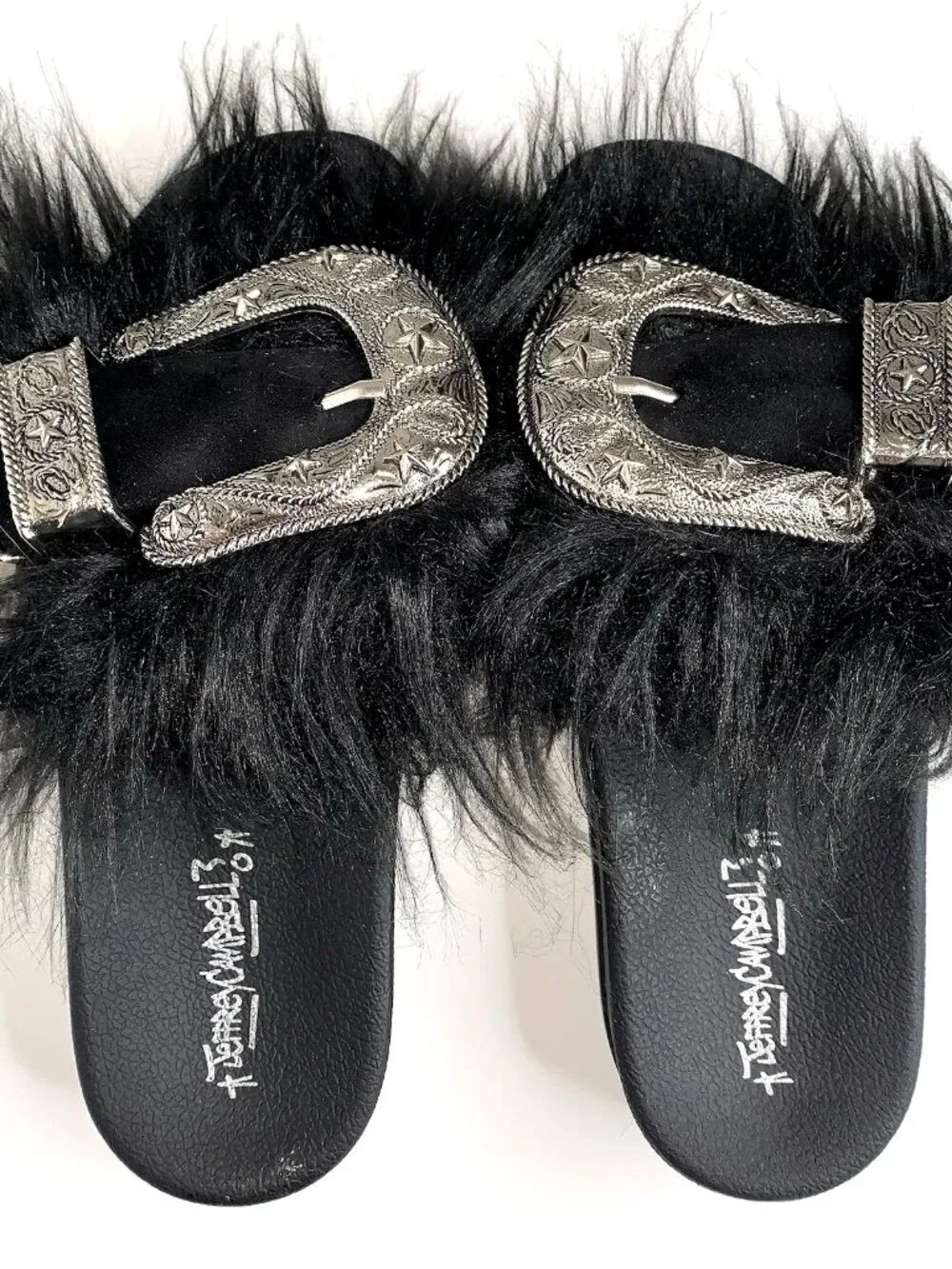JEFFREY CAMPBELL Black Fur WESTERN BELT BUCKLE Platform SLIDES 9 Whimsygoth Y2K - Picture 1 of 8